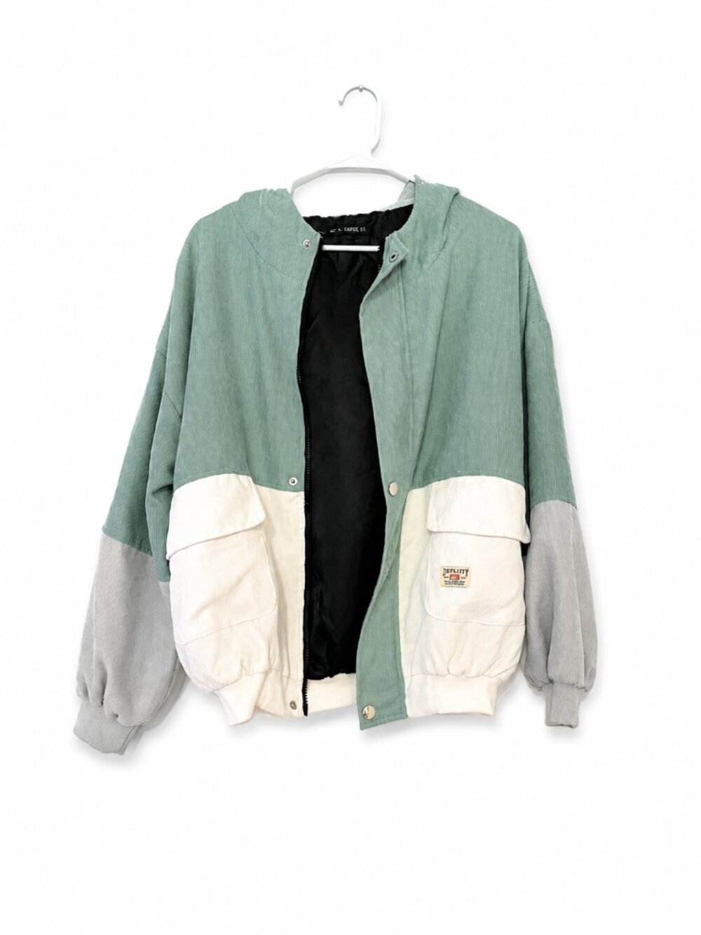 ZAFUL Colorblock Corduroy Hooded Jacket Sage Green White Gray Size Large - Picture 3 of 4